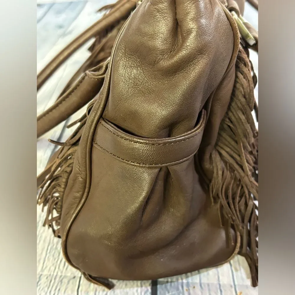 VINTAGE Botkier Chocolate Leather Morgan Boho Fringed Rocker Y2K Satchel Purse